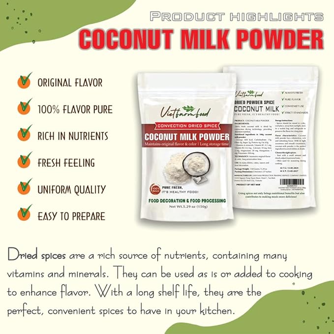COCONUT MILK POWDER 5.29 Oz (150g) VIETFARMFOOD: Pure, natural freeze-dried spice made from real vegetables and fruits - perfect for enhancing every meal, from cooking, baking, salads, soups, sauces