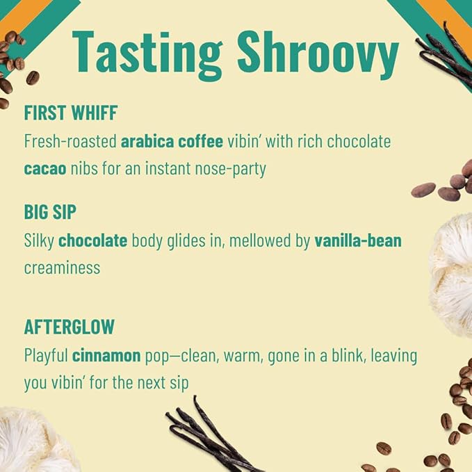 Shroovy Organic Mushroom Coffee | Lion's Mane and Chaga Mushroom | Instant Mushroom Coffee | Half-Caffeine | Mellow Mocha | 2,000mg of Mushroom - 30 Servings