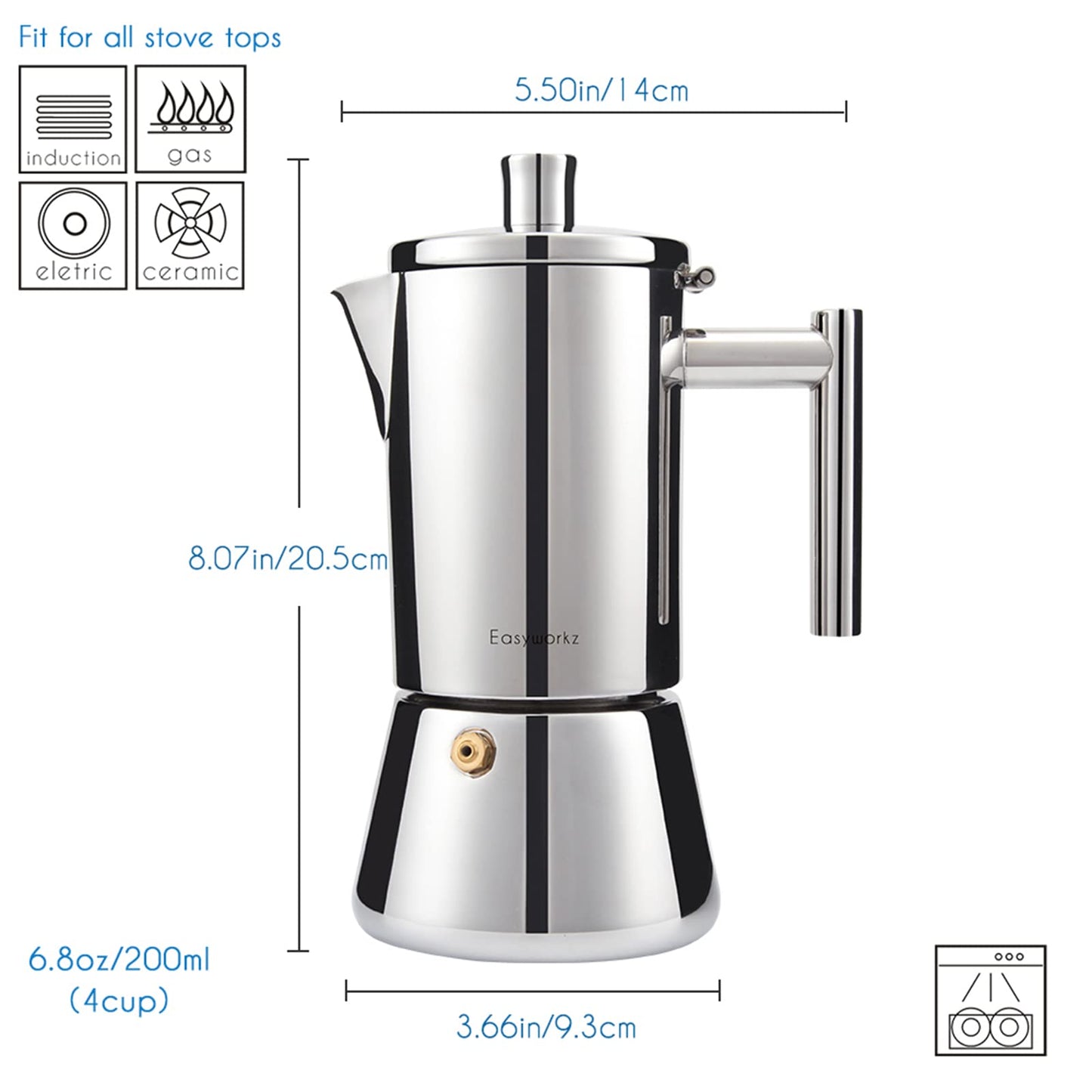 Easyworkz Diego Stovetop Espresso Maker Stainless Steel Italian Coffee Machine Maker 4Cup 6.8 oz