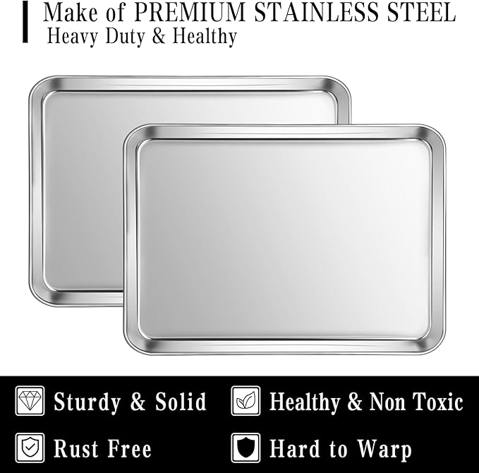 Stainless Steel Baking Sheet Set, 2 Pcs Half Cookie Sheet Pan Baking Trays for Oven, Non Stick and Heavy Duty and Easy Clean, 17.71 x 13.7 x 1 Inch