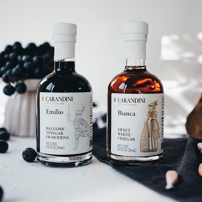 Carandini Emilio Silver Balsamic Vinegar of Modena PGI & Bianca Sweet White Vinegar Combo Set, Premium Italian Vinegars | Made in Italy - 8.45 fl oz (2 Bottles)