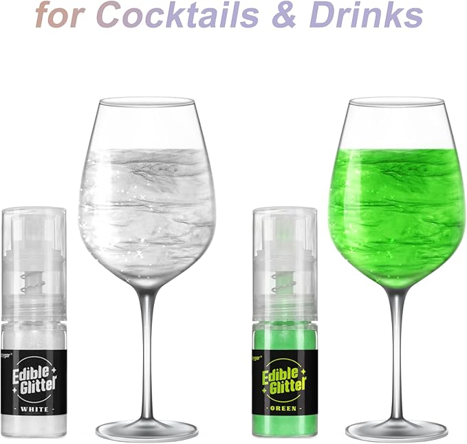 Sujoygar Edible Glitter Spray 2 Colors, White and Green Edible Glitter for Cocktails, Shimmer Powder Luster Dust Edible for Cake Drink Strawberrie Cupcake Cookies Christmas Baking Decoretion, Vegan(5g/Bottle)