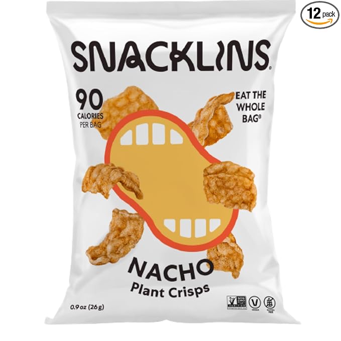 SNACKLINS Plant Based Crisps NACHO - Gluten Free, Grain Free, 100% Kosher, Vegan Healthy Snacks, Crunchy Puffed Snack, Just 90 Calories Per Bag - .9oz Bag (Case of 12)