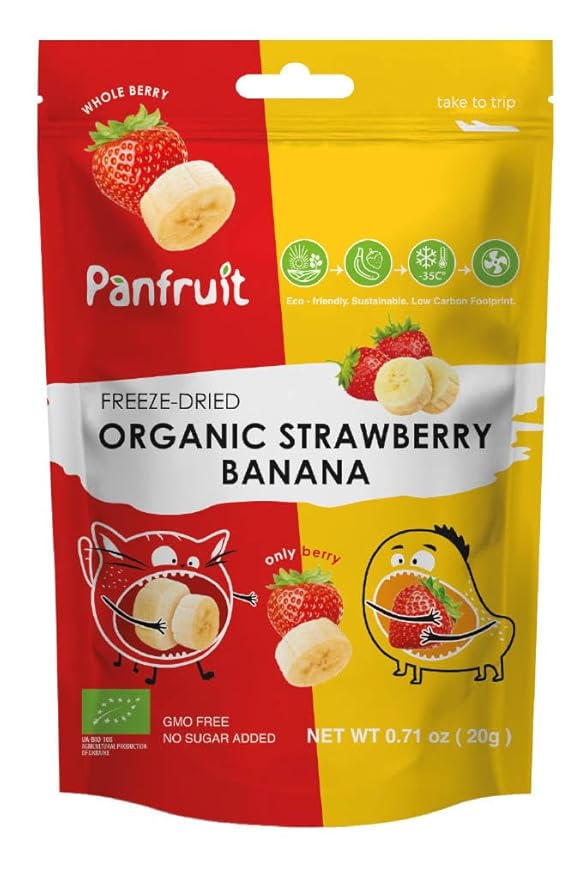 PANFRUIT Freeze-Dried Organic Strawberry Banana Snacks ??100% Natural, No Sugar Added, GMO-Free, Gluten-Free ??4 Individual Packs (0.71 oz) ??Healthy Crunchy Fruit Snack for Kids & Adults