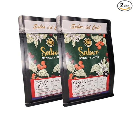 Sabor del Café ??Costa Rican Coffee Whole Bean, Medium Roast ??Specialty Coffee, Honey Processed for Sweetness ??100% Organic, Marsellesa Varietal, Aromatic & Smooth Flavor, 2x250g