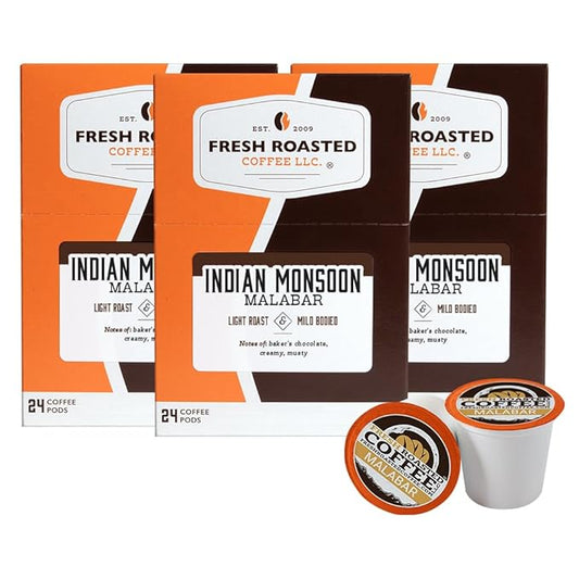 Fresh Roasted Coffee, Indian Monsoon Malabar, Light Roast, 72 Pods for K Cup Brewers