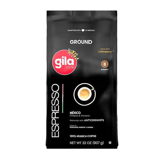 gila café Ground Coffee Medium Roast Espresso 32oz (1-Pack) - 100% Mexican Arabica Bean Coffee Grounds - Made with Coffeeberry - Chocolate, Hazelnut, Vanilla Notes