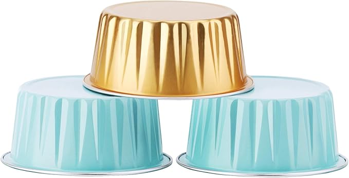 EUSOAR Aluminum Foil Cups, 5 oz 60pcs Baking Cups with Lids, 125ml Snacks Desserts Flan, Cupcake Pie Ramekin, Catering Gathering Club Shower Party Favor Baking Cups-Lake Blue+Gold