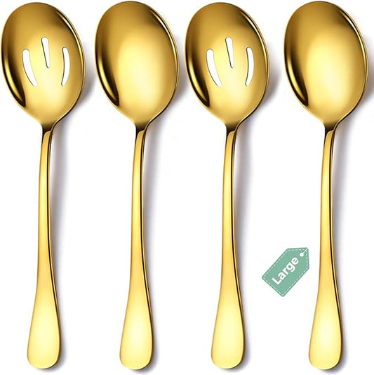 4 Piece Stainless Steel Serving Spoons Set, 10-Inch, Includes 2 Large, 2 Slotted, for Parties/Kitchen/Buffet/Catering, Dishwasher Safe, Gold