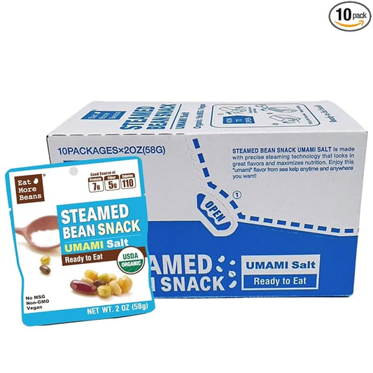 ?륟at More Beans??STEAMED BEAN SNACK -UMAMI Salt USDA Certified Healthy Vegan Snacks Ready to Eat Fully Cooked- Box of 10 packs(2oz, 10packs)