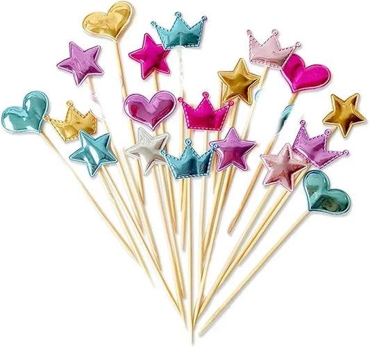 100Pcs Cupcake Toppers Heart Star and Crown Cupcake Toppers Mini Cake Toppers Colorful Cake Decorations DIY Dessert Fruits Picks Party Decorative Accessories (Mixed Color 1)