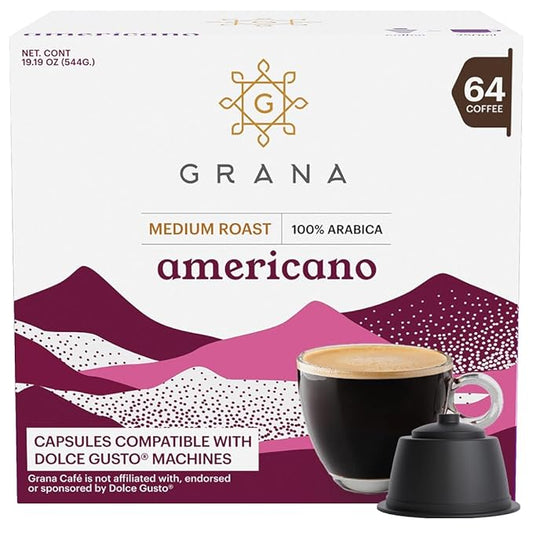 G GRANA Americano Coffee Capsules Compatible with Nescafe Dolce Gusto Machines, 64 Single Serve Pods - 100% Arabica Single Source Ethical Coffee