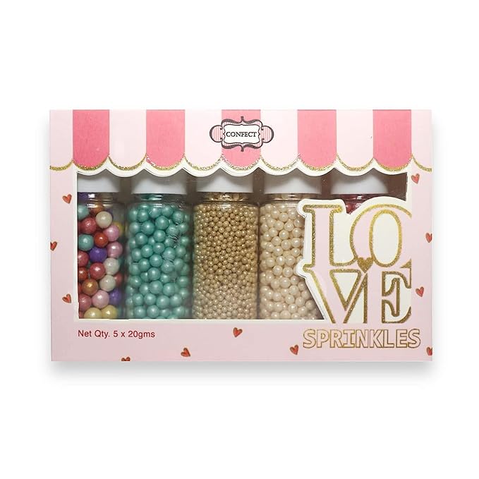 Sprinkles - Confect Sprinkles for Cakes & Cupcakes Decoration Assorted pack of 5 Rainbow Disco Ball Mashup Sprinkles Mix Teal, Champagne Gold, Pink, White, & Red Gragees - 3.5 Oz