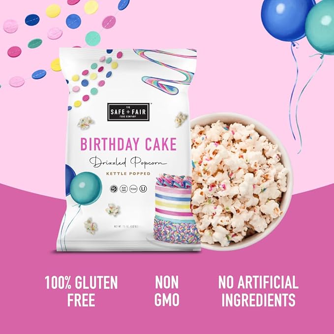 Safe + Fair Birthday Cake Drizzled Popcorn - Gluten-Free, Dairy Free and Vegan Snack - Free From Top 9 Allergens and Artificial Ingredients ??Non GMO, Plant Based Kettle Popped Corn, 5.5 oz