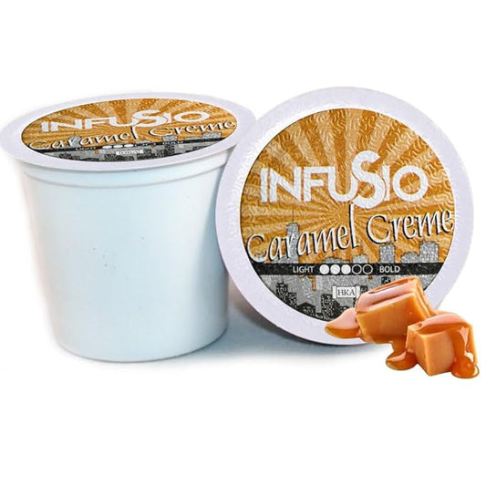 InfuSio Coffee Pods 96 Count - Caramel Cr챔me, Medium Roast Single Serve Coffee Pods for Keurig K Cups Brewers - InfuSio Premium Roasted Keurig 2.0 Compatible