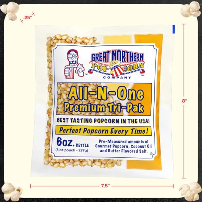 6oz Popcorn Machine Popcorn Packets - All-in-One Movie Theater Style Popcorn Kernels, Salt, and Oil Packs by Great Northern Popcorn, 6 Ounce (Pack of 24)
