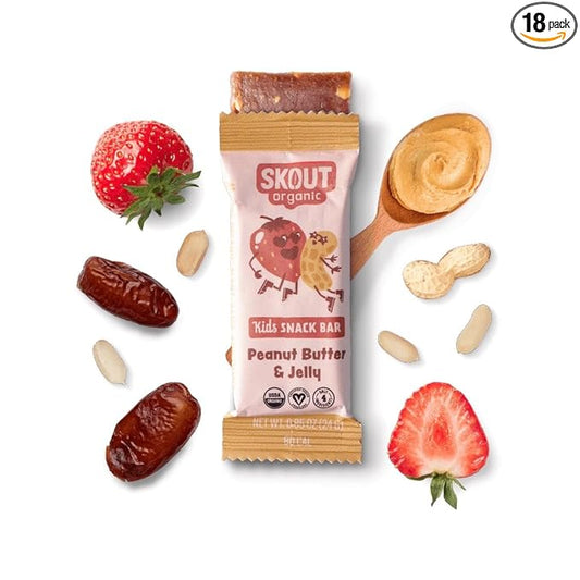 Skout Organic Peanut Butter & Jelly Real Food Bars for Kids (18 Pack) | Organic Snacks for Kids | Plant-Based Nutrition, No Refined Sugar | Vegan | Gluten, Dairy, Grain & Soy Free