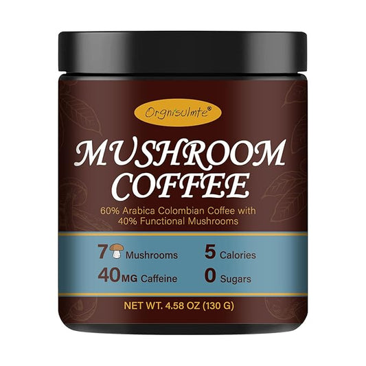 Orgnisulmte Premium Mushroom Coffee 4.58 Oz, Fresh Ground Colombian Instant Coffee with 7 Superfood Mushrooms Better Taste, Natural Ingredients Gluten Free, Vegan, Keto, Non-Gmo 130g