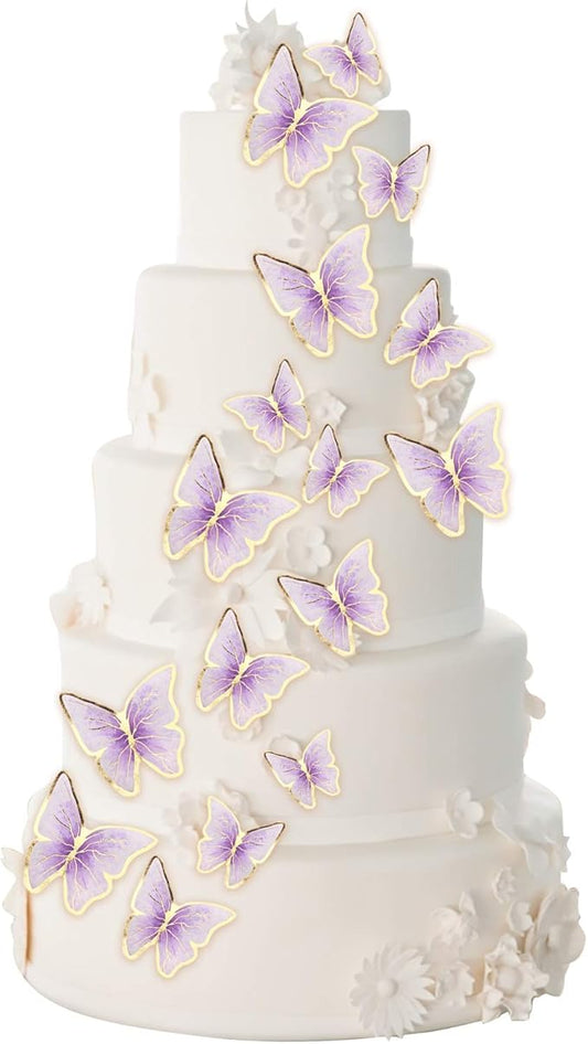 Set of 66 Pack Purple Gold Cupcake Toppers Mixed Size&Colour 3D Butterfly Cake Picks Decorations with Dot Glue and Support Stick for Girl Women Wedding Birthday Party Baby Shower Food Wall Decoration