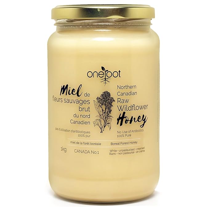 Oneroot 100% Canadian Flower Honey - 1kg / 2.2lbs, Honey Wildflower Unfiltered, Unheated & Creamed, Nutrient Rich Raw Wildflower With Enzymes, Thick Natural Sweetener