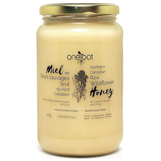 Oneroot 100% Canadian Flower Honey - 1kg / 2.2lbs, Honey Wildflower Unfiltered, Unheated & Creamed, Nutrient Rich Raw Wildflower With Enzymes, Thick Natural Sweetener