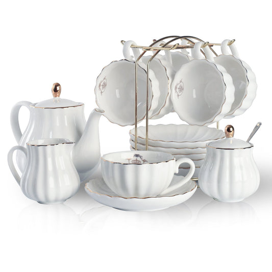 Porcelain Tea Sets British Royal Series, 8 OZ Cups& Saucer Service for 6, with Teapot Sugar Bowl