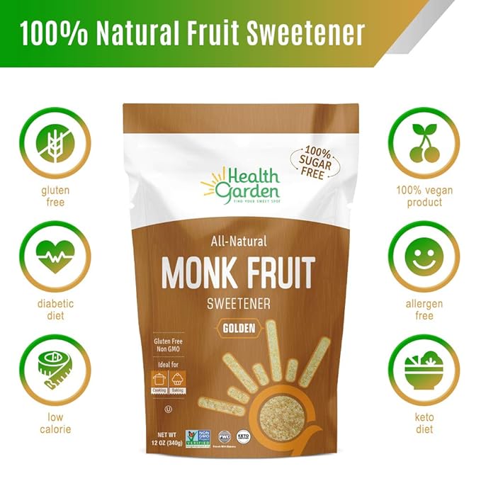 Health Garden Monk Fruit Sweetener, Golden - Non GMO - Gluten Free - 1:1 Sugar Substitute - Kosher - Keto Friendly (1lb 2-pack)