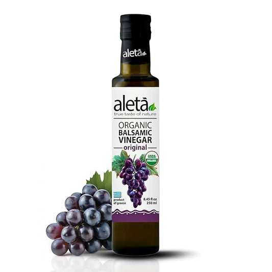 Aleta Farms Balsamic Vinegar, USDA Organic, Aged Flavored Vinegar, Perfect for Salad Dressings, Pasta, Desserts & Cocktails, Glass Bottle, 8.45 fl oz (Plain)