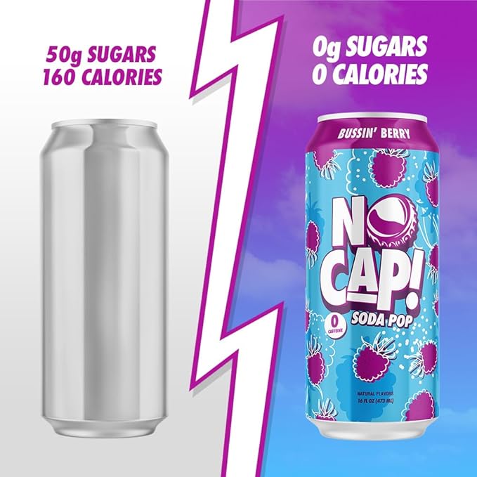 No Cap! Healthy Soda Pop Drinks, Zero Sugar, Zero Calorie, Natural Flavors, Caffeine Free, 16 Oz Cans, (12 Pack) Bussin' Berry