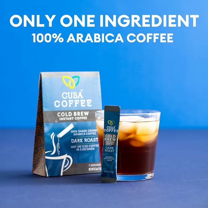 Cusa Tea & Coffee | Premium Instant Dark Roast | Rainforest Alliance Certified Arabica Beans | Hot or Cold Brew Drink Mix Packets (7 Single Servings)
