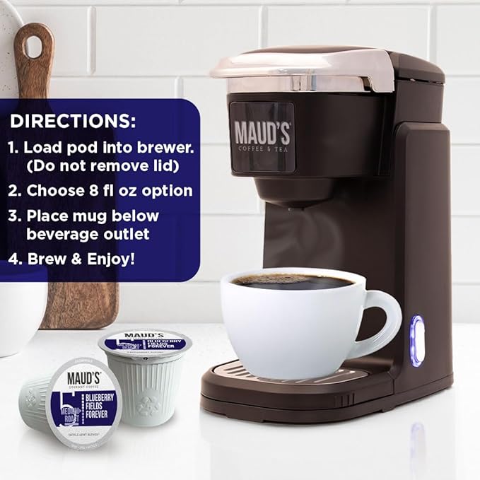 Maud's Blueberry Flavored Coffee Pods, 18 ct, Medium Roast Flavored Coffee in Recyclable Single Serve Pods – 100% Arabica Beans, Compatible with Keurig K Cups Maker