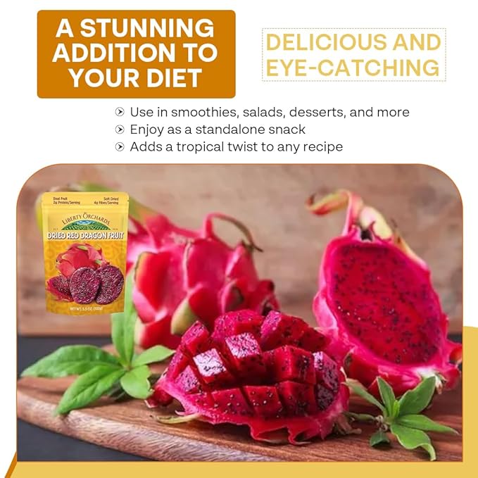 Liberty Orchard Organic Dried Red Dragon Fruit with fiber- Ideal for Recipes or a Nutritious fruit for Busy Lifestyle- Nutrient-Rich Dried Fruit with Vitamin C, Antioxidants & Fiber- 4 Pack