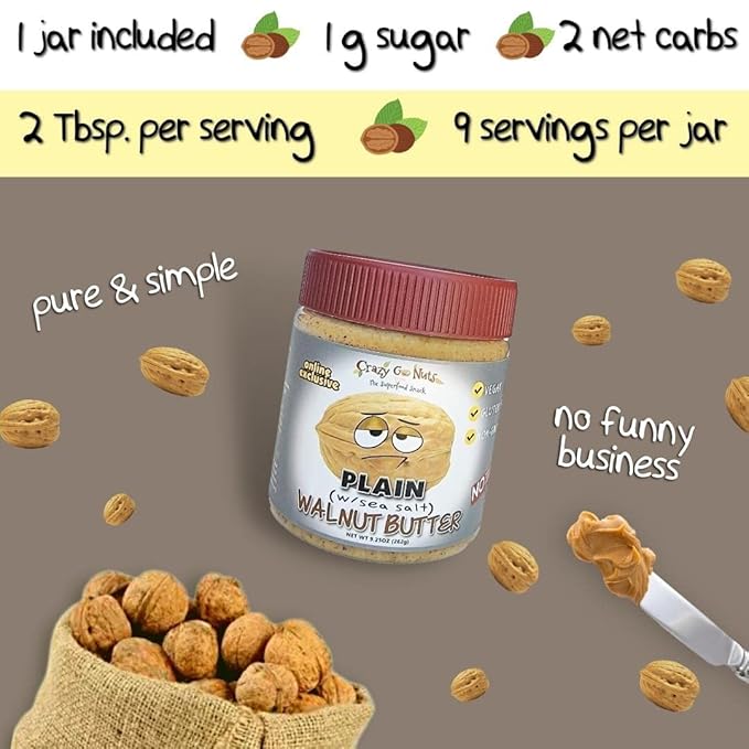 Crazy Go Nuts Walnut Butter - Plain w/ Sea Salt - Healthy Snacks, Keto, Vegan, Low Carb, Gluten Free, Superfood - Natural, Non-GMO, ALA, Omega 3 Fatty Acids, Good Fats and Antioxidants - 9.25 oz (6-Pack)