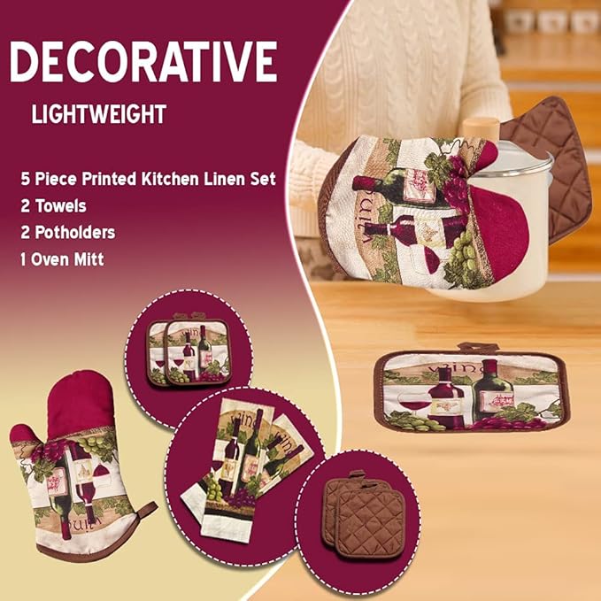 Lobyn Value Packs - Wine Lover?셲 Kitchen Set: 5 Pieces with Grape & Wine Bottle Motif, includes 2 Artistic Dish Towels, Oven Mitt, and 2 Quilted Potholders