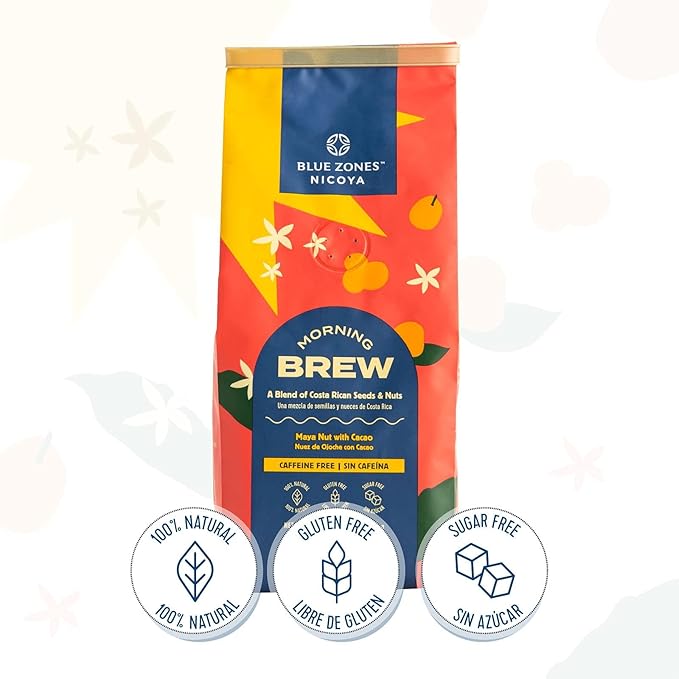 Blue Zones Nicoya - Morning Brew, Maya Nut and Cacao - 100% Natural Ground Coffee Alternative - High Micronutrients - Caffeine Free, Gluten & Sugar-Free (12 oz/ 340g)