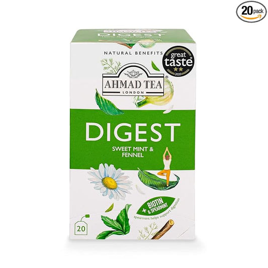 Ahmad Tea Herbal Tea, Sweet Mint, Fennel & Biotin 'Digest' Natural Benefits Teabags, 20 ct (Pack of 1) - Decaffeinated & Sugar-Free
