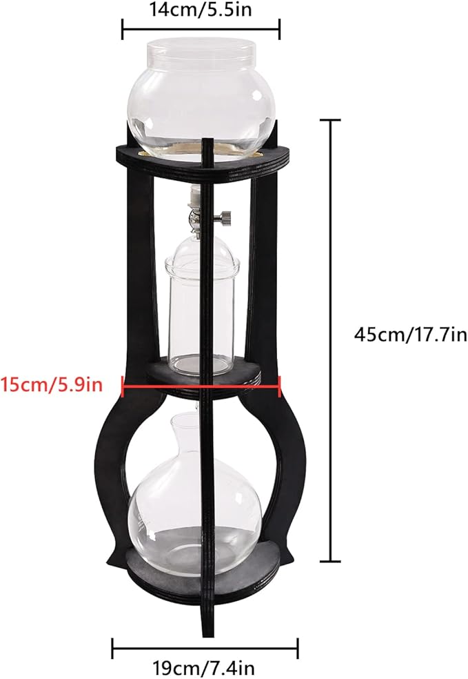 Cold Brew Drip Coffee Maker, 600ml/20.29 Ice Coffee Brewer Machine Cold-Drip Coffee Tower with Glass Container Wood Stand for Home Office