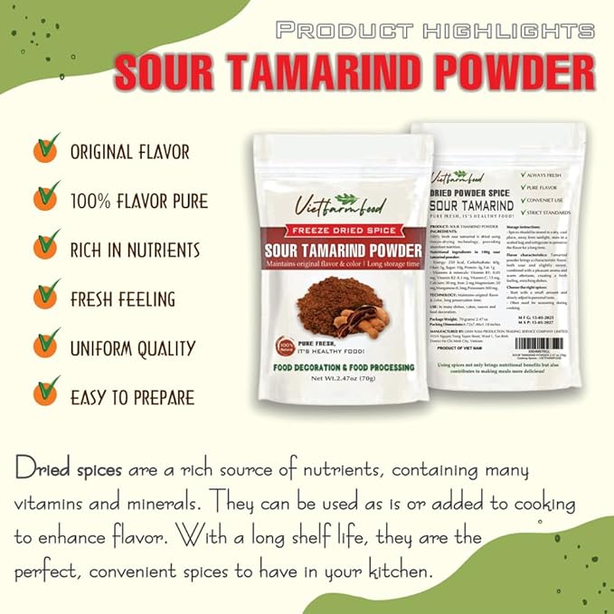 SOUR TAMARIND POWDER 1.76 Oz (50g) VIETFARMFOOD: Freeze-dried spices extract pure natural flavor. Convenient packaging, long-term preservation. Used for cooking, baking, salads, soups, sauces.