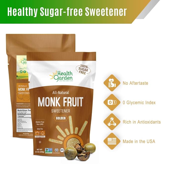 Health Garden Monk Fruit Sweetener, Golden - Non GMO - Gluten Free - 1:1 Sugar Substitute - Kosher - Keto Friendly (1lb 2-pack)