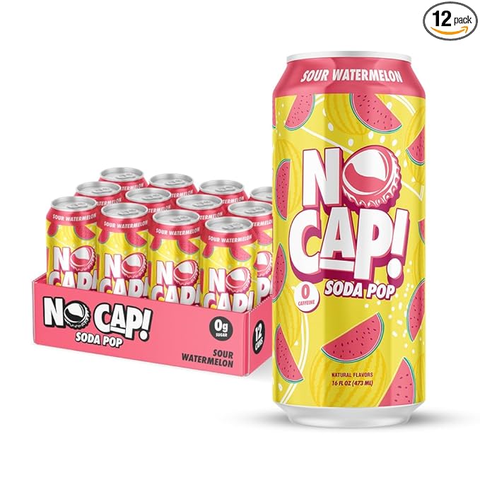 No Cap! Healthy Soda Drinks For Kids, Teenagers & Adults, Zero Sugar, Zero Calorie, Caffeine Free, 16 Oz Cans, (12 Pack Sour Watermelon)