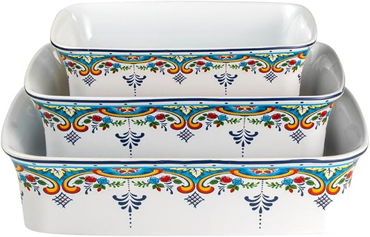 Euro Ceramica Zanzibar Collection 3-Piece Oven to Table Stoneware Casserole Dish Set, Deep Rectangular Lasagna Pans. Freezer to Oven to Table Safe - Bake and Serve.