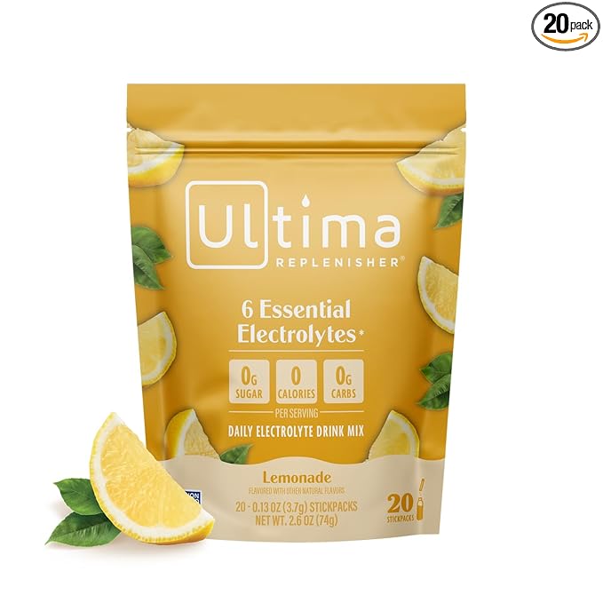 Ultima Replenisher Daily Electrolyte Powder Drink Mix ??Sugar Free ??Lemonade, 20 Stickpacks ??Hydration Packets with 6 Key Electrolytes and Trace Minerals ??Keto Friendly, Vegan, Non-GMO