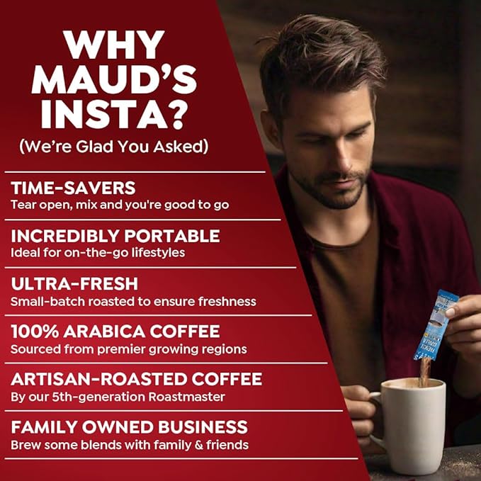 Maud's Flavored Instant Coffee Variety Pack, 48 ct, Caramel, Hazelnut, Raspberry, Vanilla, 100% Arabica Coffee, Medium Roast, Instant Hot or Iced Coffee - Just add water
