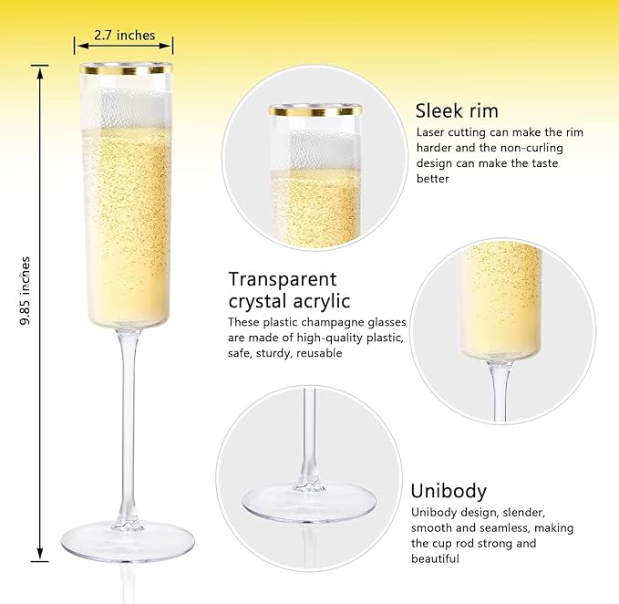 Ciaell 24 Pack Plastic Champagne Flutes - 6Oz Gold Rim Disposable Champagne Glasses - Square Clear Plastic Toasting Glasses for Party Birthday Anniversary Wedding Thanksgiving