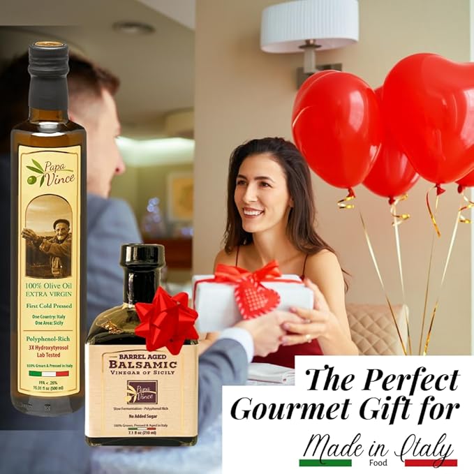 Papa Vince Olive Oil & Balsamic Vinegar Gift Set ??Made in Italy, Family-Grown in Sicily. Features Sipping-Quality, Organic, Polyphenol-Rich EVOO & Slowly Aged, No-Sugar-Added Balsamic Vinegar