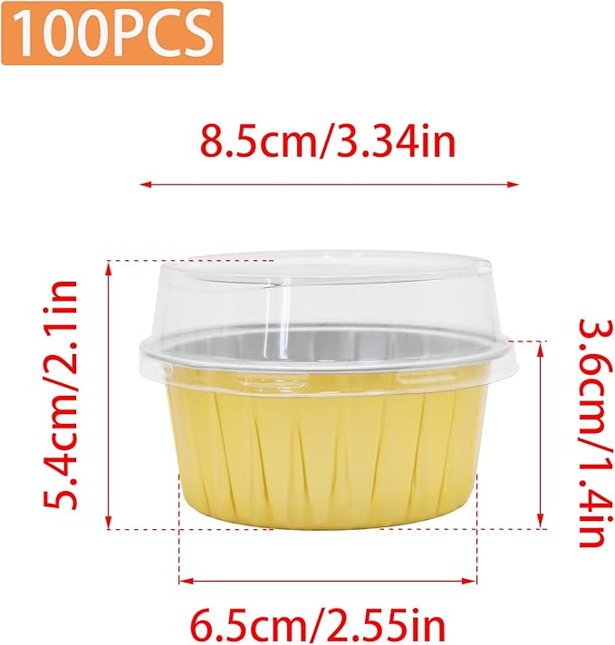 100 Pack 4.2oz Aluminum Cups with Lids Mini Flan Containers with Lids Cupcake Baking Cups, Gold