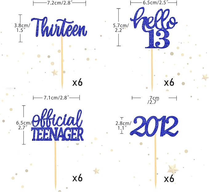 24Pcs Glitter 13th Birthday Cupcake Toppers, Hello 13th Birthday Cake Topper- 13th Birthday Decorations for Celebrating Official Teenager Thirteen Years Old Birthday Party Supplies (Blue)