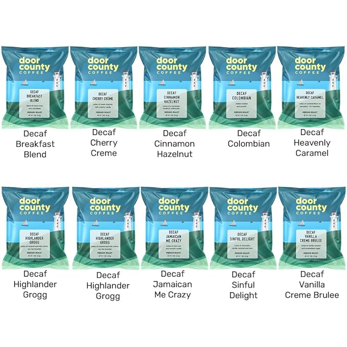 Gourmet Flavored Decaf Coffee Sampler Pack - 10 Bags of Unique Flavored Coffees ??100% Specialty Grade 1 Arabica -1.5 oz Full-Pot Bags - Roasted by Door County Coffee