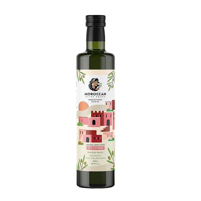 MOROCCAN OLIVE GROVE - Bold & Dynamic - Premium Desert Extra Virgin Cold Extracted Olive Oil, 100% Single Origin from Morocco, Polyphenol Rich - 16.9 Fl oz (500ml) (Red 500ml *)
