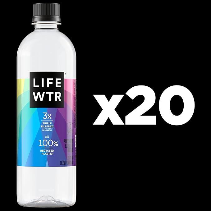 LIFEWTR Premium Purified Water, pH Balanced with Electrolytes, 100% recycled plastic bottles, 20 Fl Oz (Pack of 20), Packaging May Vary